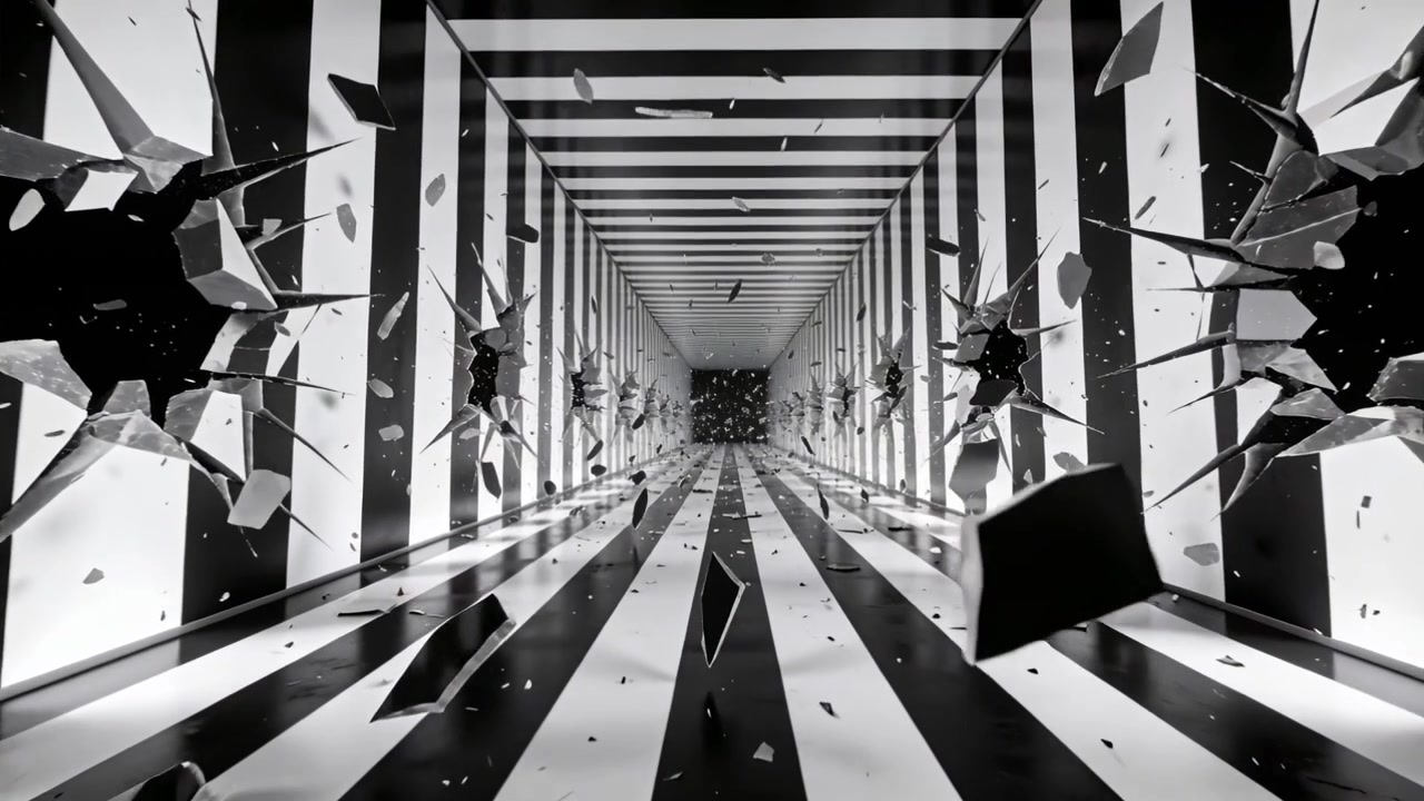 Striped corridor in studio erupting with star holes and sending shards toward camera, shiny floor