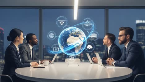 A Dynamic Business Meeting Focused on Global Technology Innovations and Digital Transformation in a Contemporary Boardroom Setting