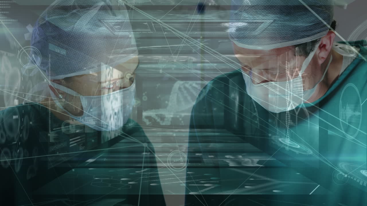 백인 여성과 남성 외과 의사에 대한 화면에 연결 네트워크와 데이터의 애니메이션