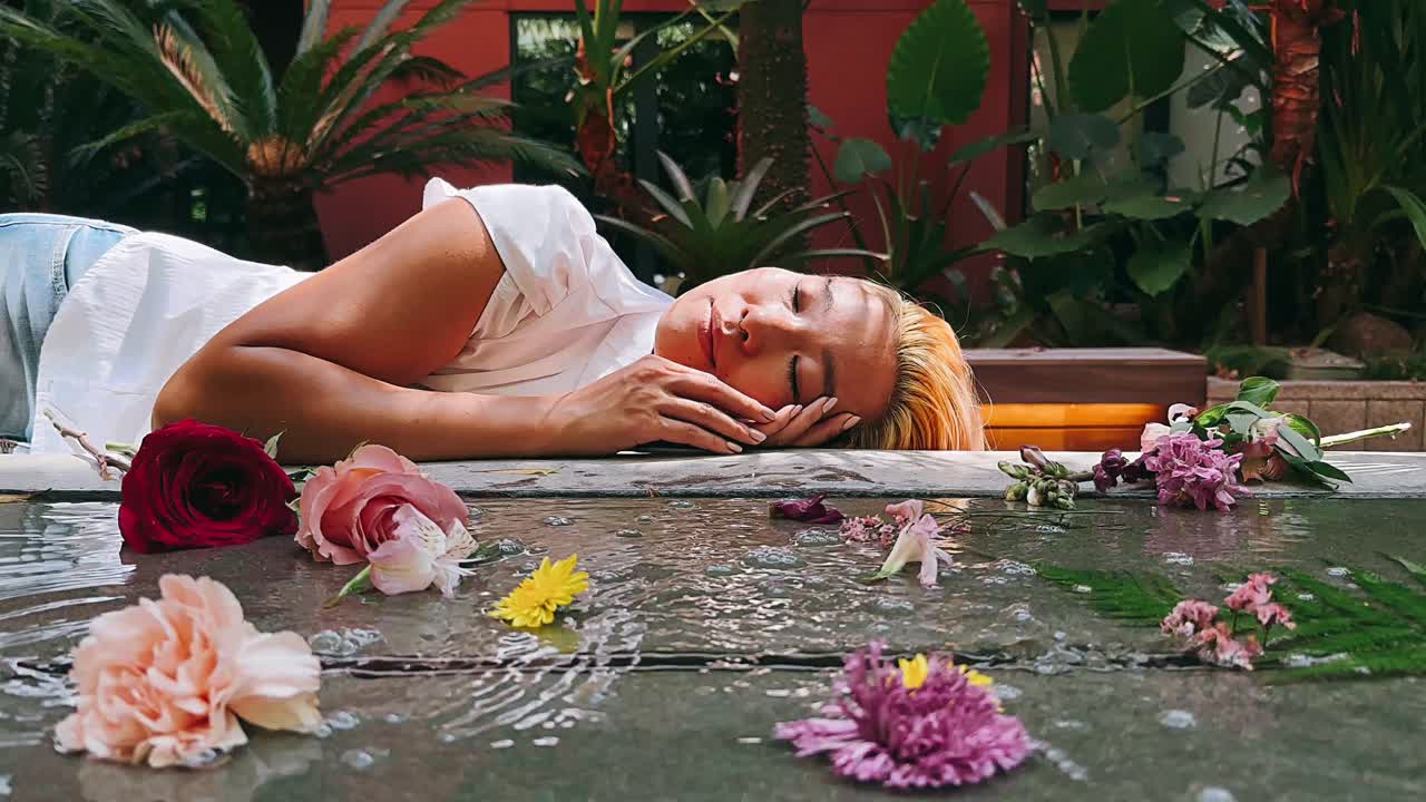 꽃이 있는 정원에서 휴식을 취하는 여자