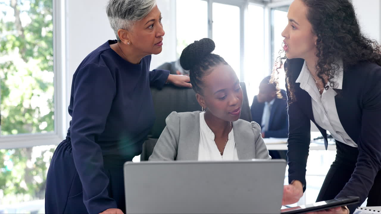Coaching, black woman and laptop for teamwork