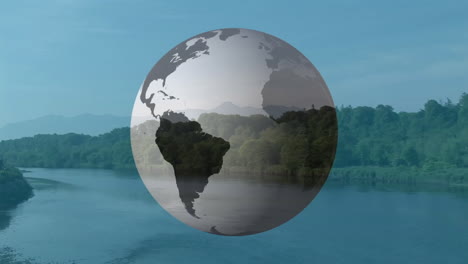 earth globe being visualized floating over lush river forest scene, showing reflective continents
