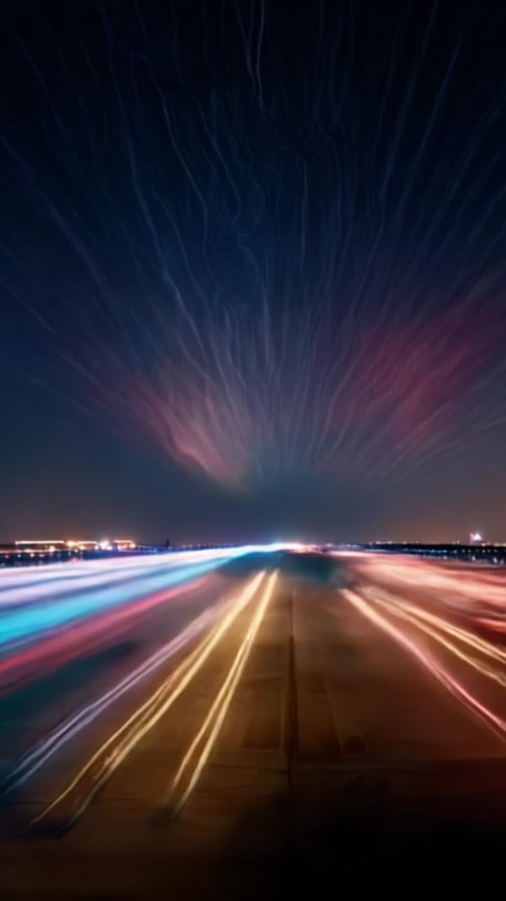 Cielo notturno vibrante con scie stellari e giochi di luce che illuminano una pista, catturando il movimento e l'energia di un ambiente urbano dinamico.