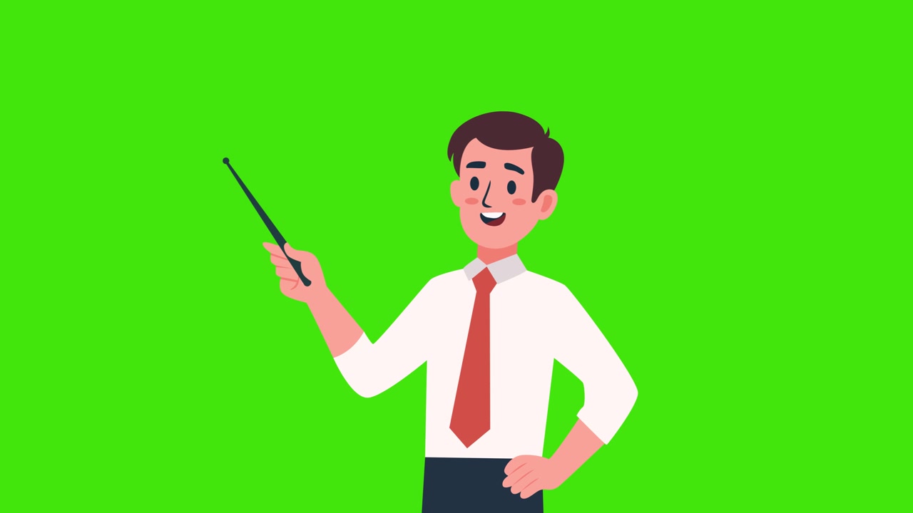 Smiling Animated Businessman Pointing with a Pointer Stick