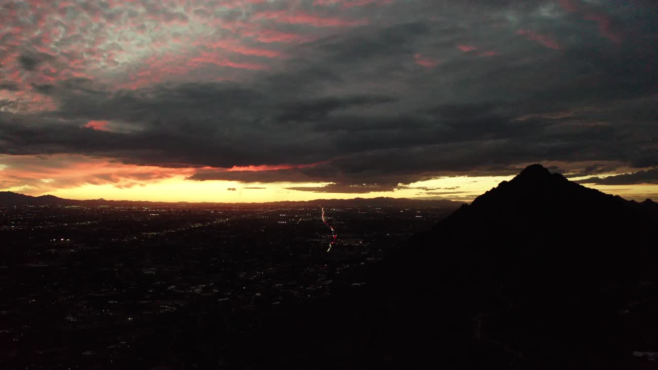 Aerial view of Scottsdale, Arizona and Camelback Mountain at sunset