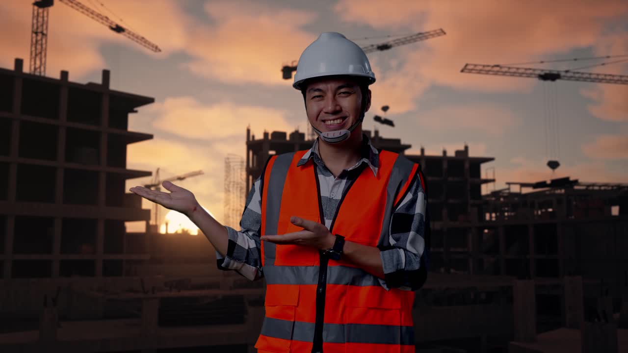 Asian Male Engineer With Safety Helmet Smiling And Pointing To Side While Standing At Building & Construction Site in Progress to New House