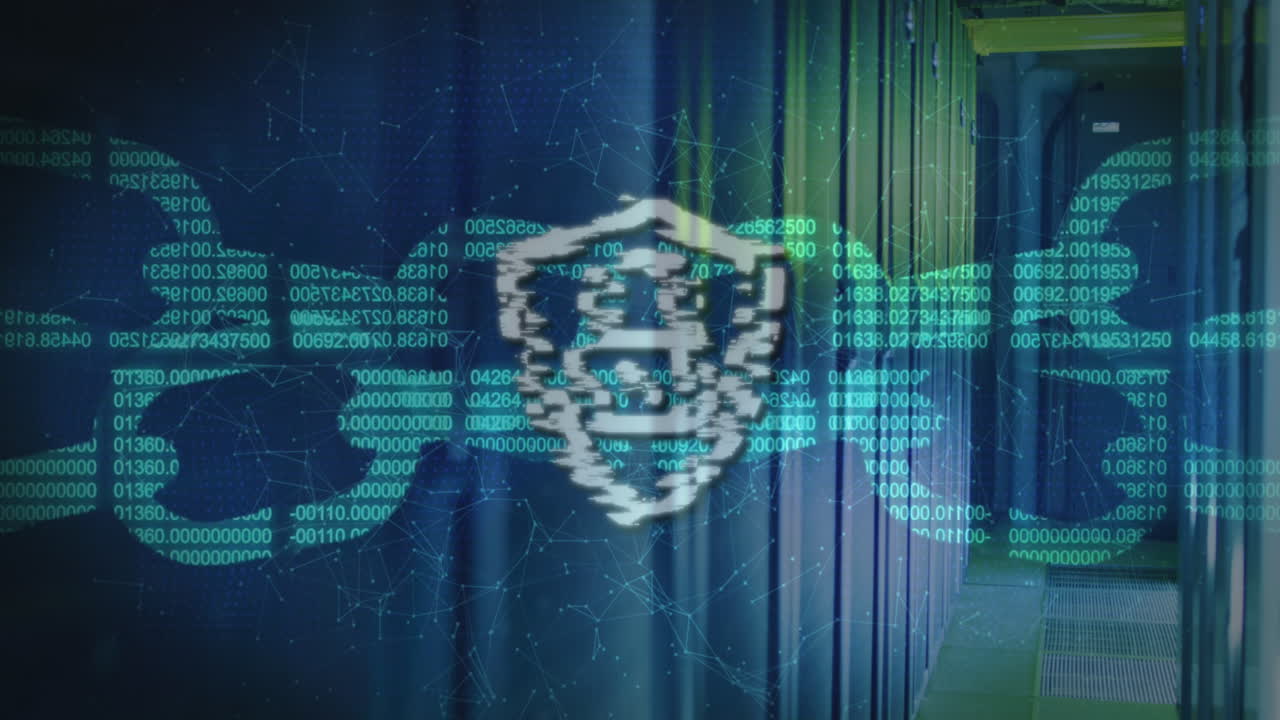 animación del procesamiento de datos con candado sobre la sala del servidor