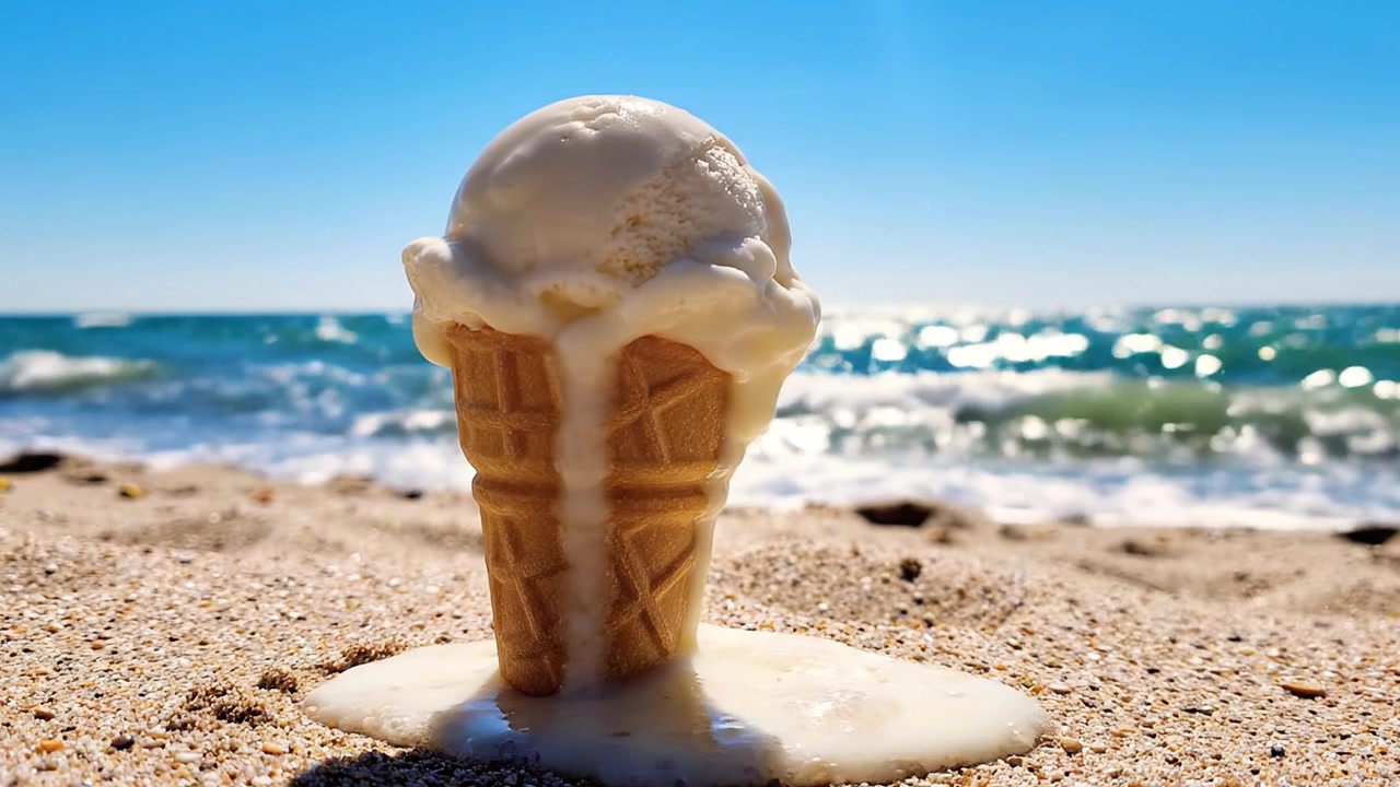 Een smeltende verrukking: ijshoorntje druppelt langzaam op warm zandstrand onder fel zonlicht, vangt de essentie van zomervakanties en zoete lekkernijen aan zee