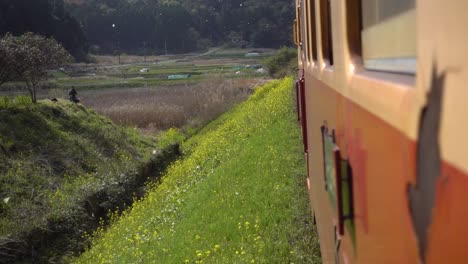 pov looking out of riding train in beautiful countryside