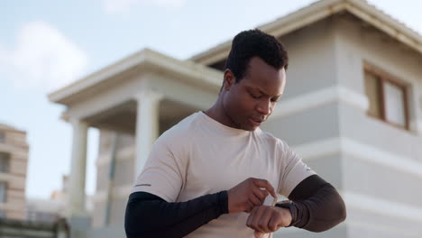 Outdoor,-smart-watch-and-black-man-with-fitness