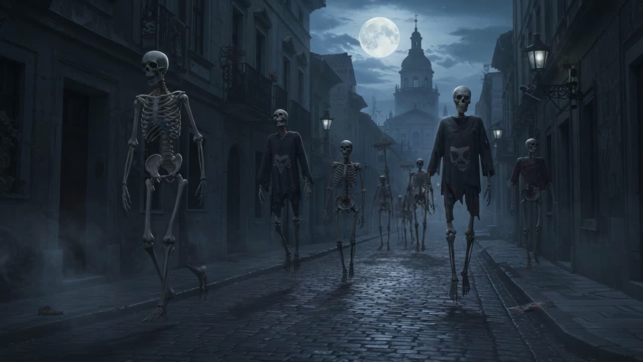 Eerie Skeleton Parade: A Haunting Night Walk Through a Moonlit Street Filled with Ghostly Figures Strolling in Shadows and Mist Under a Full Moon