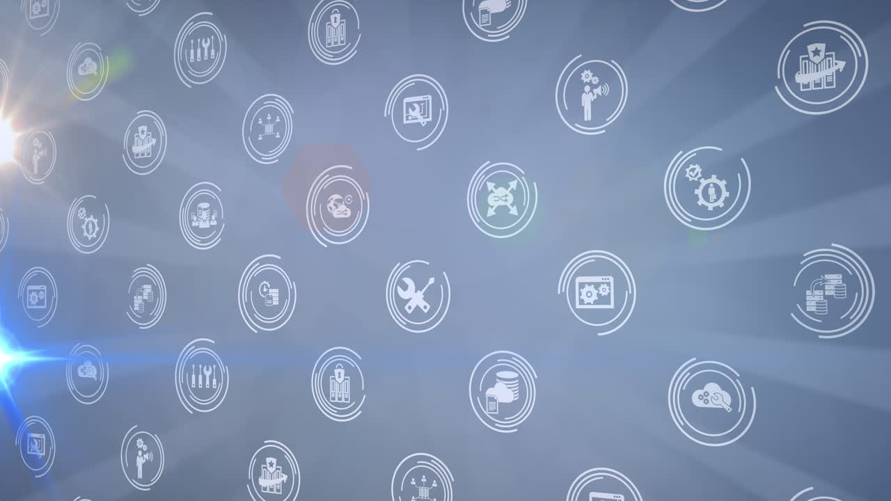 Animation of light spots and business icons on gray background