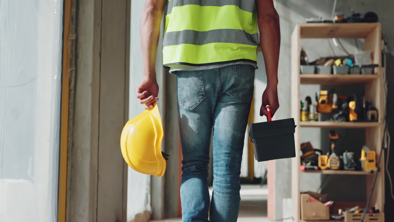 Bauarbeiter trägt Werkzeuge und Hut.