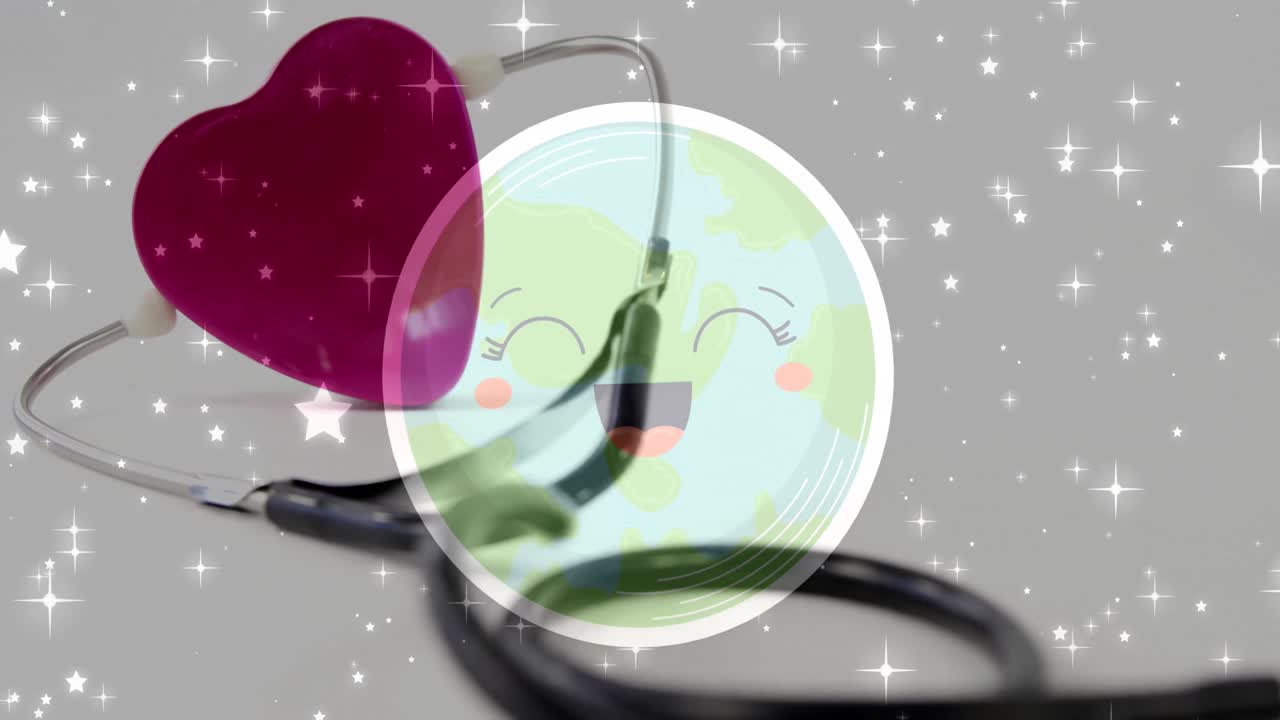 múltiples estrellas brillantes contra un corazón rojo y un estetoscopio contra un fondo blanco