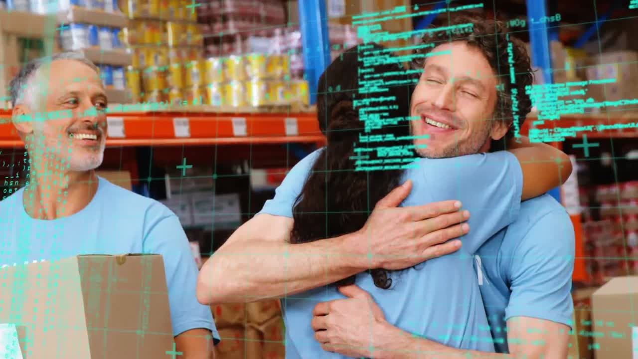 animación del procesamiento de datos sobre diversas personas que trabajan en el almacén