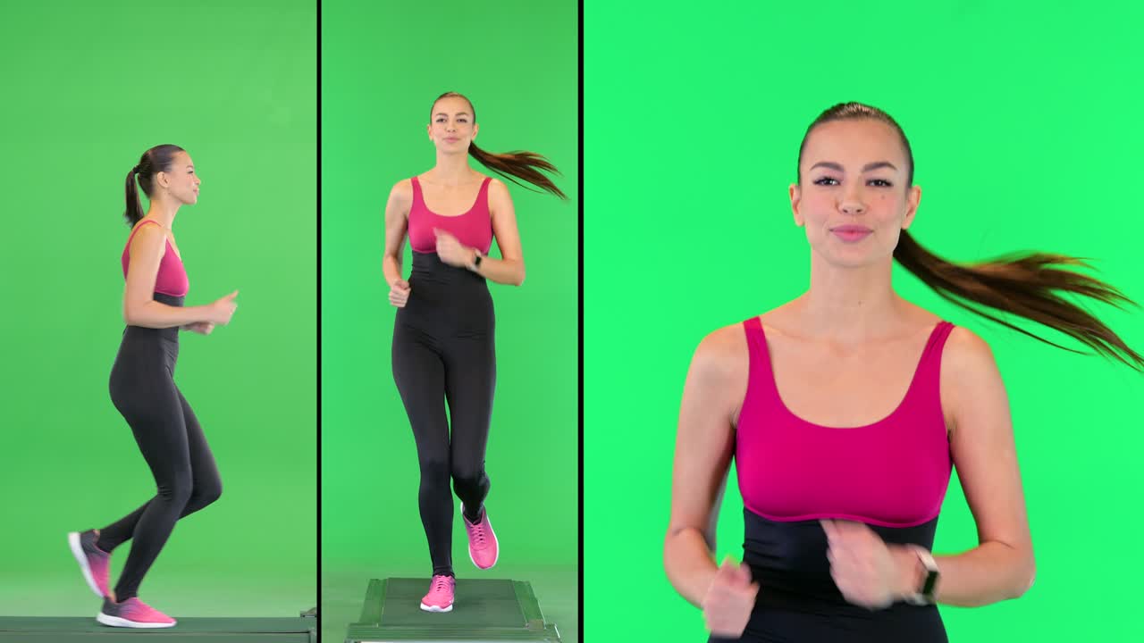 건강한 스포츠 젊은 여성이 녹색 화면, 크로마 키에서 스마트 시계 장치를 실행하고보고