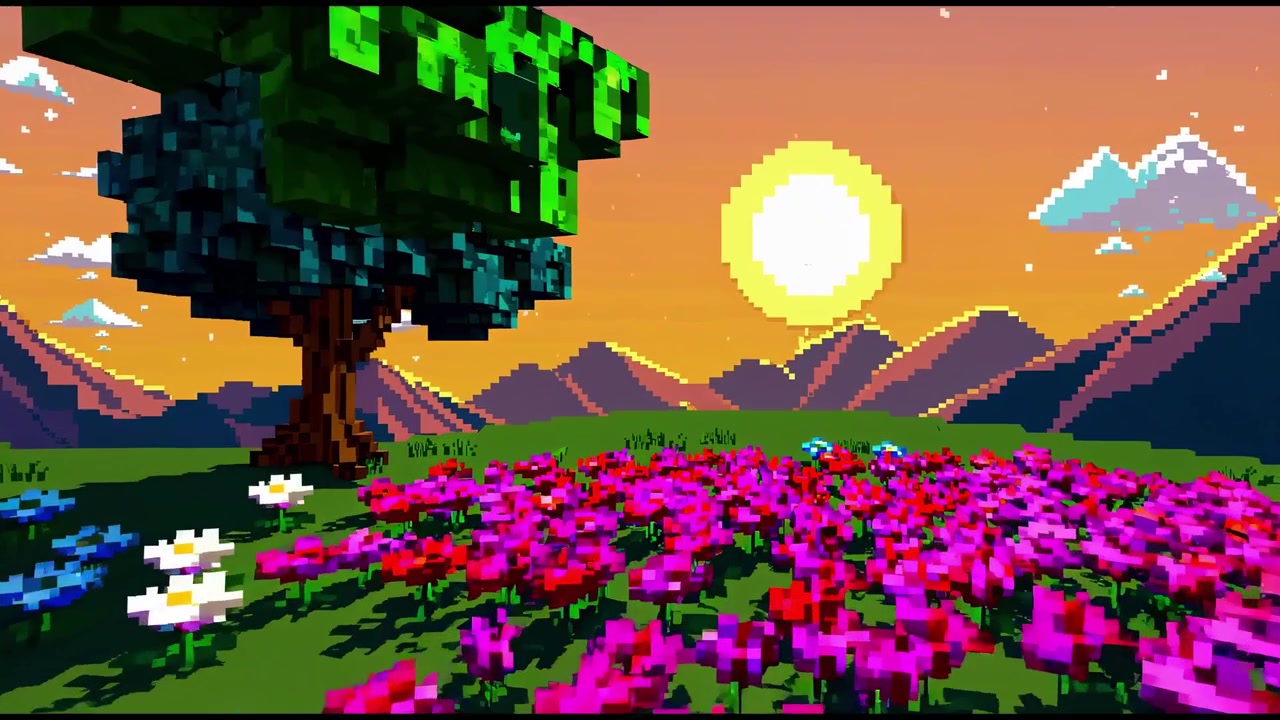 Paesaggio in pixel art con fiori e tramonto