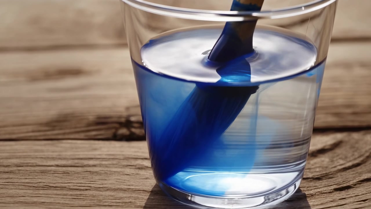 Una vista ravvicinata mostra il pigmento blu che si disperde attraverso l'acqua limpida all'interno di un bicchiere, formando morbide scie simili a nuvole, increspature superficiali, riflessi luminosi e un vivido contrasto cromatico su un tavolo di legno testurizzato.