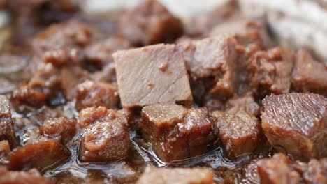 close-up of cooked beef cubes