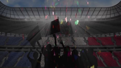 colorful confetti falling over silhouette of fans cheering and sports stadium in background