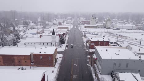 iconic downtown of american town during snowfall, aerial view