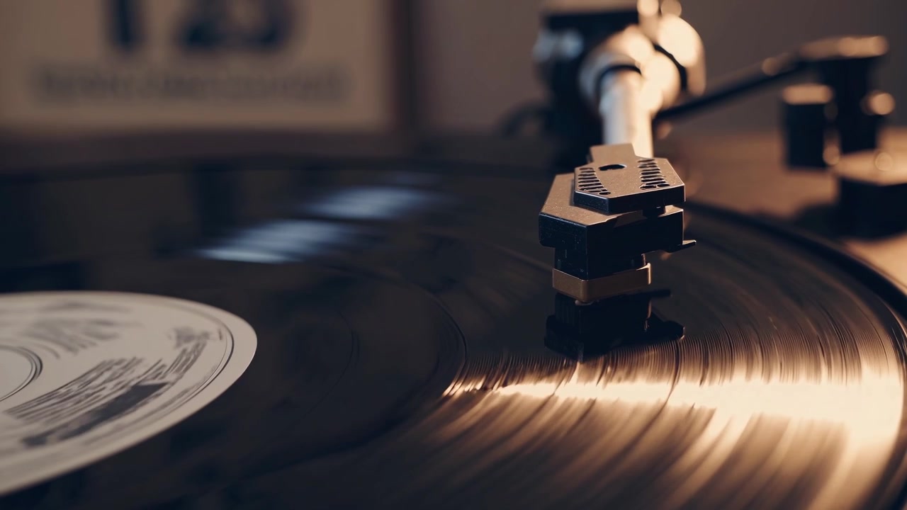 Close-up of Vinyl Record Spinning on Turntable