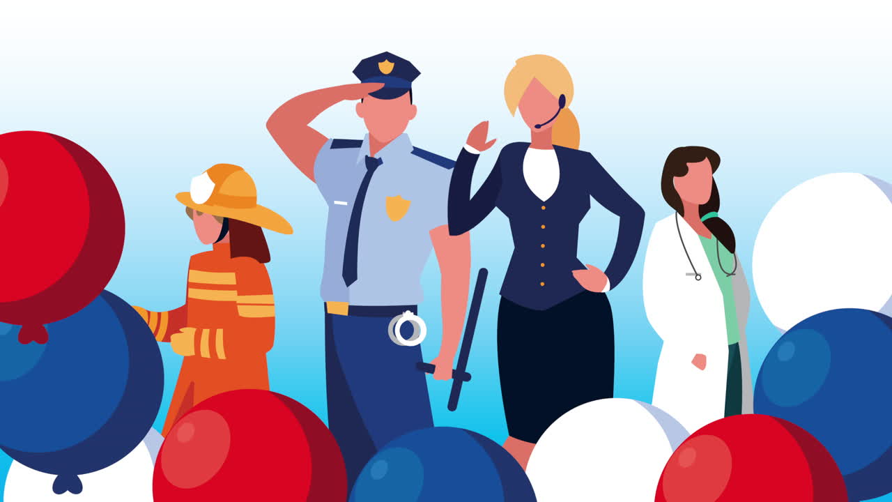 cuatro trabajadores profesionales con globos de helio