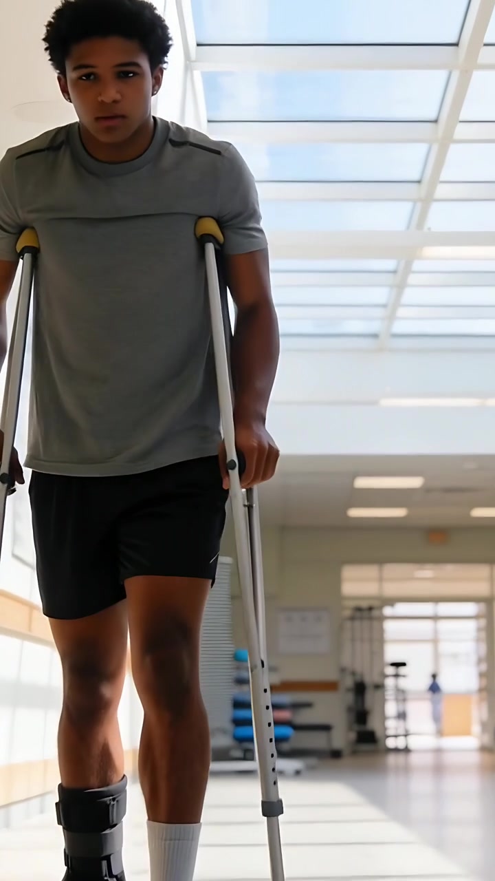 Vertical video: Placing crutch tips, male teen moving down rehab corridor, wearing boot and shirt