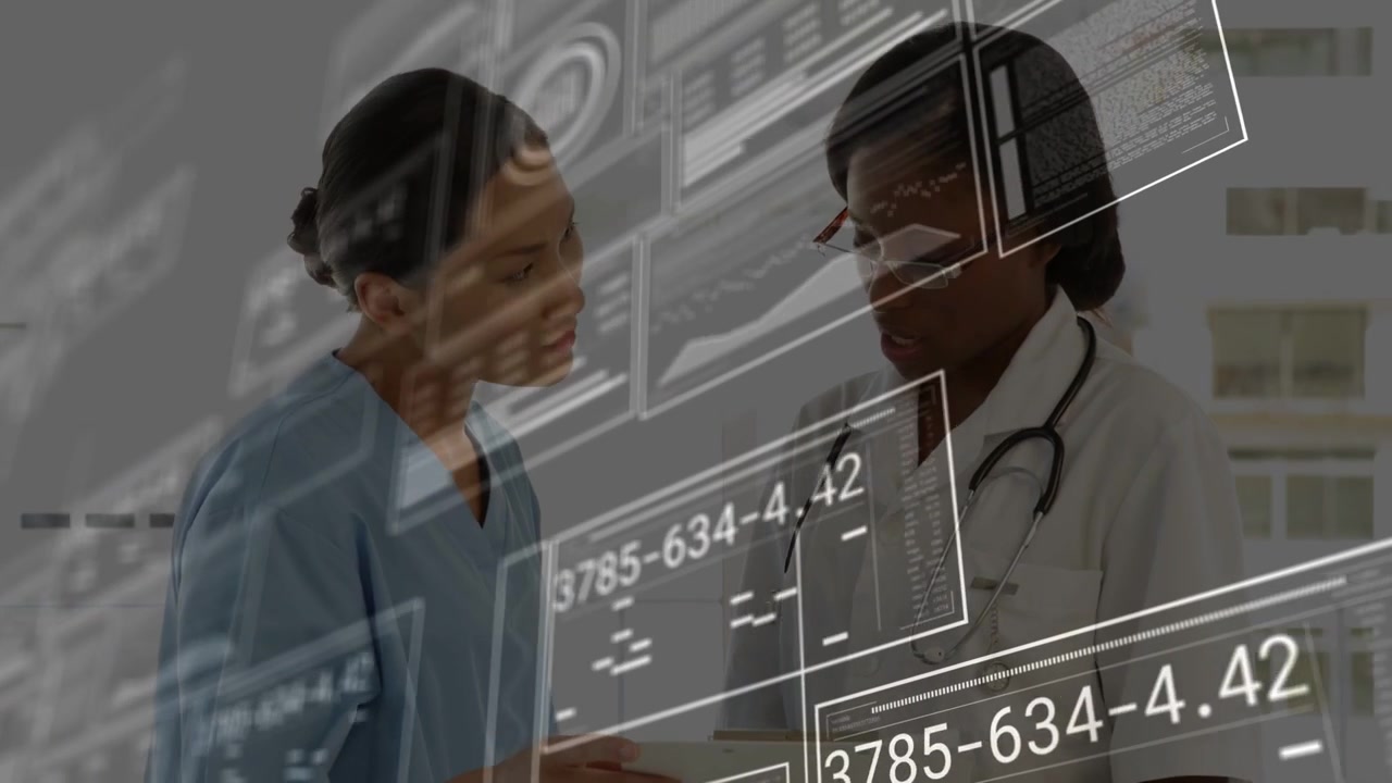 Nurse tapping tablet, doctor holding pen, both reviewing patient HUD graphs overlaying faces