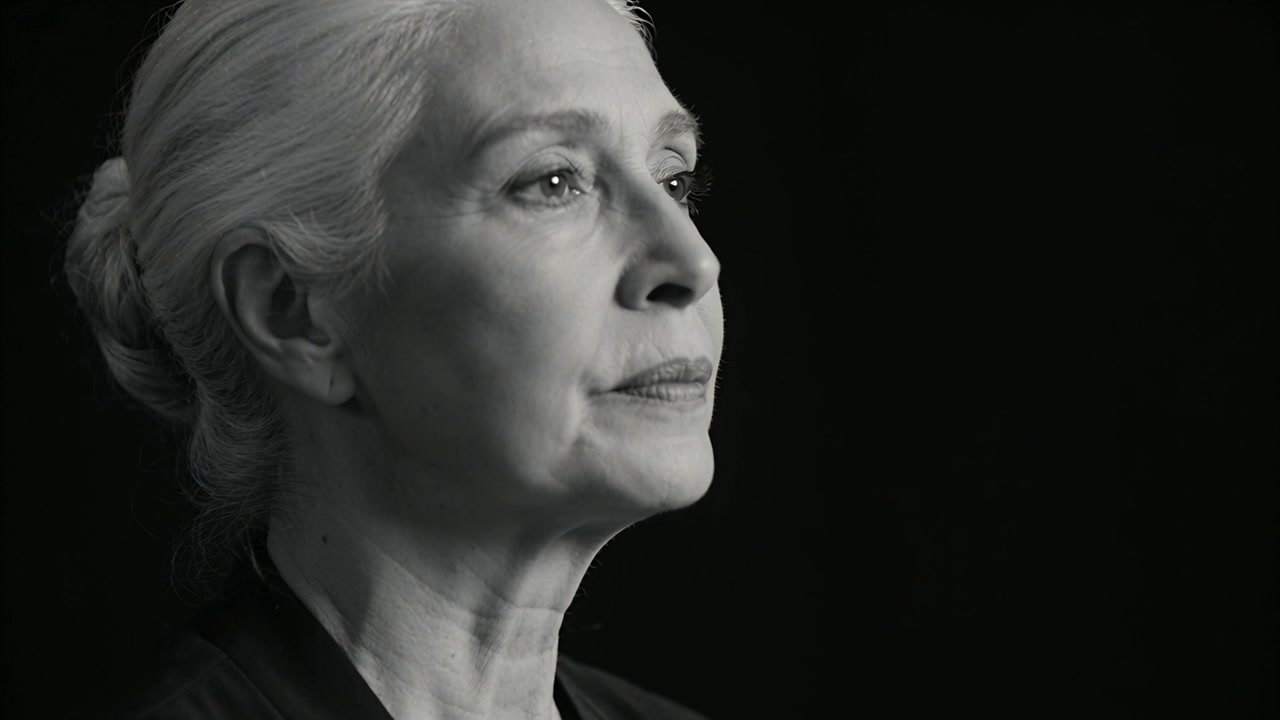 Riprese di una donna anziana che solleva il mento, sposta lo sguardo verso l'alto, batte le palpebre e chiude le labbra, in ascolto, in studio con un top scuro.