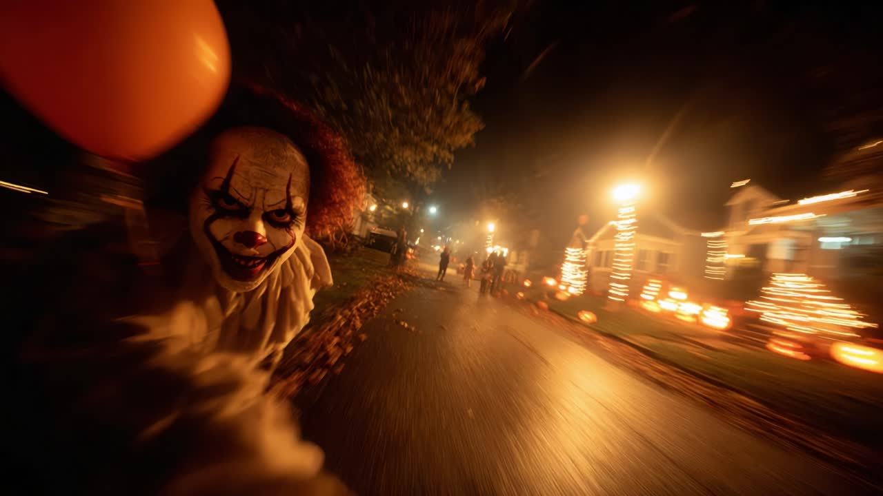 A Haunting Encounter: A Sinister Clown Chasing Down a Spooky Street Decorated for Halloween with Jack-O'-Lanterns and Flickering Lights