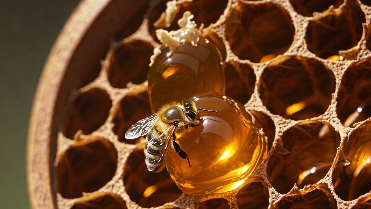 la laboriosa abeja melífera europea recoge meticulosamente el néctar, llenando las celdas del panal con miel dorada y viscosa durante los cálidos momentos de luz solar llenos de productividad agrícola.