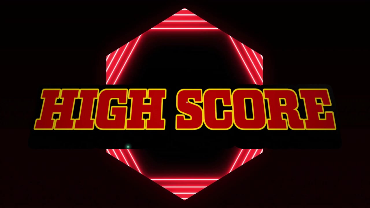 Animazione del testo 'High Score' su forme esagonali al neon, su sfondo scuro.