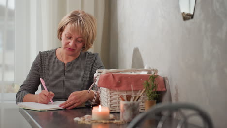 woman seated beside chair operating phone and writing notes in study room with cozy atmosphere, basket and lit candle on table, natural light streaming through sheer curtains