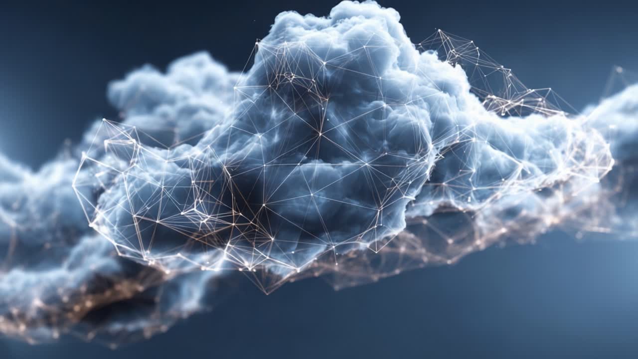 Dynamic Representation of a Cloud Interwoven with Geometric Patterns, Showcasing the Intricate Beauty of Nature Merged with Digital Aesthetics in a Stunning Visual Display