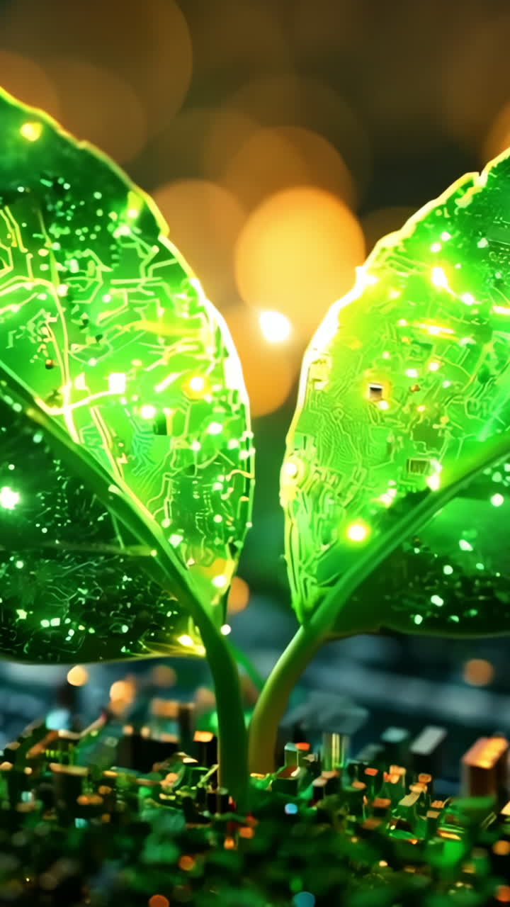 A leaf is growing on a black surface with a glowing effect. The leaf is surrounded by a glowing background, giving the impression of a futuristic or technological environment