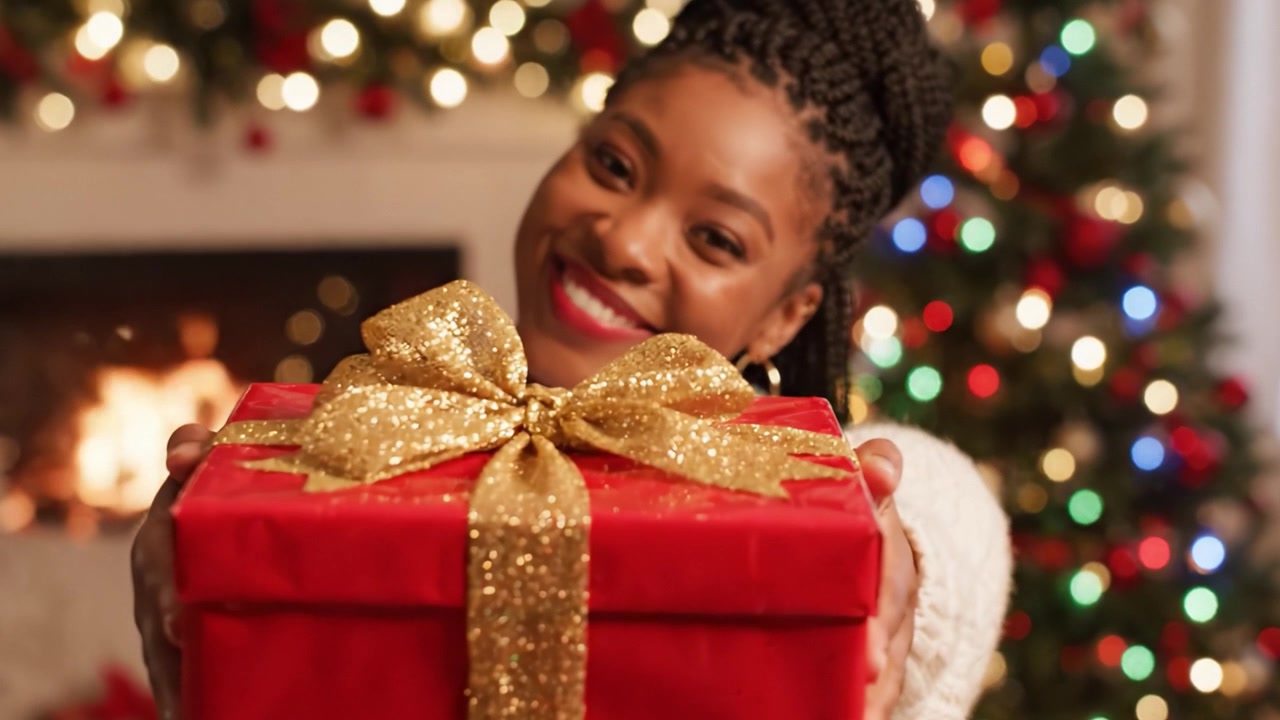 Uma Celebração Alegre: Abraçando o Espírito Festivo com um Sorriso Caloroso e um Lindo Presente em um Cenário Aconchegante e Festivo Rodeado por Luzes e Decorações de Natal