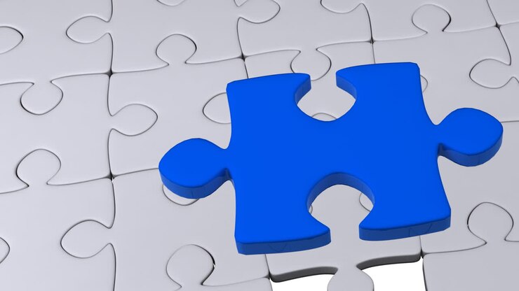 Animazione di un pezzo di puzzle blu su un puzzle multiplo grigio
