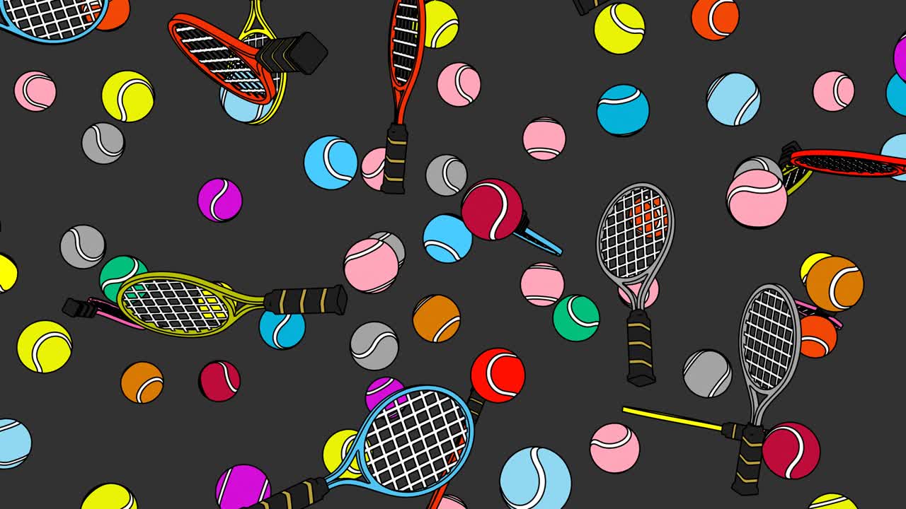 회색 바탕에 다채로운 테니스 공과 테니스 라켓을 그린 스타일입니다.
