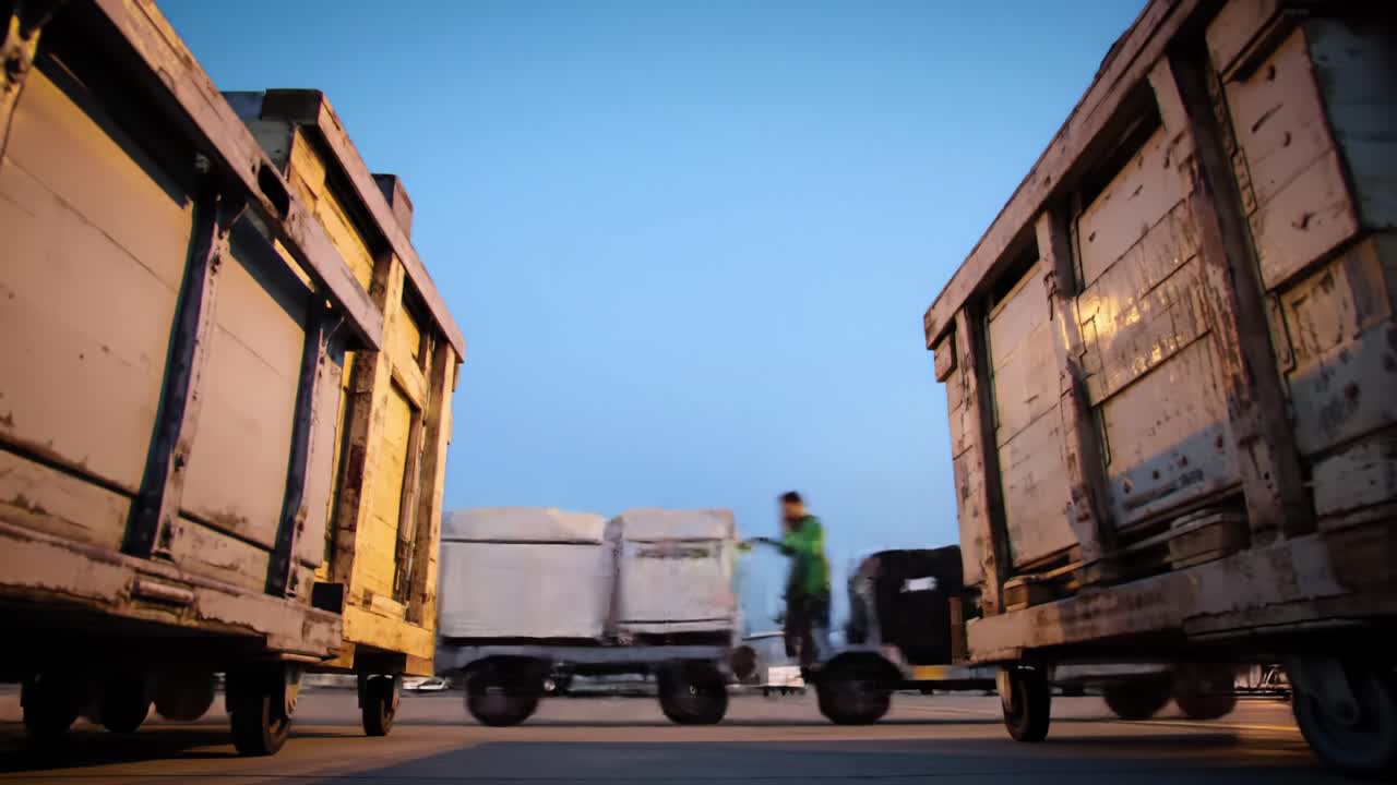 Efficient Ground Operations at Dusk: A Worker Maneuvers Cargo at an Airport, Highlighting the Critical Role of Logistics in Aviation