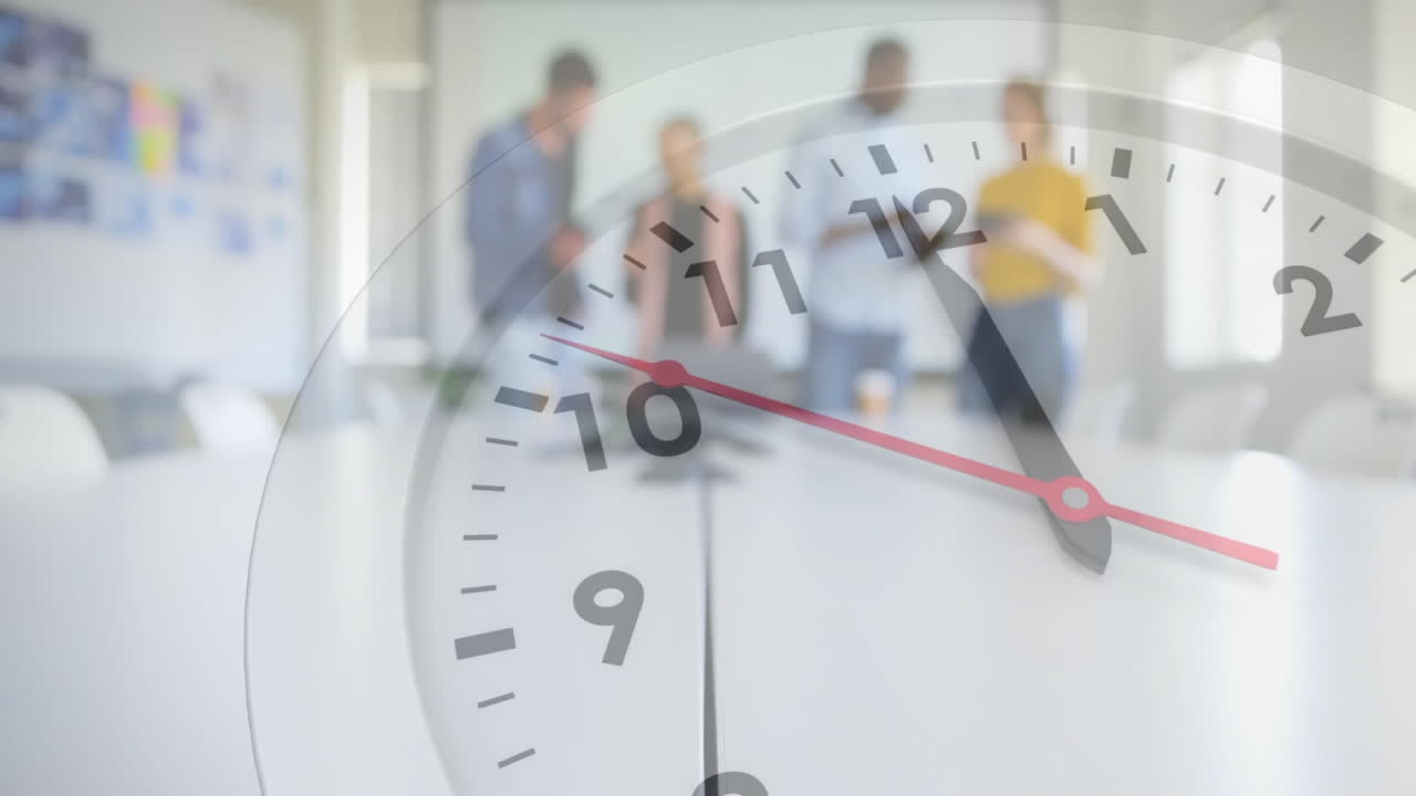 Animation of clock face overlaying diverse group collaborating in office setting