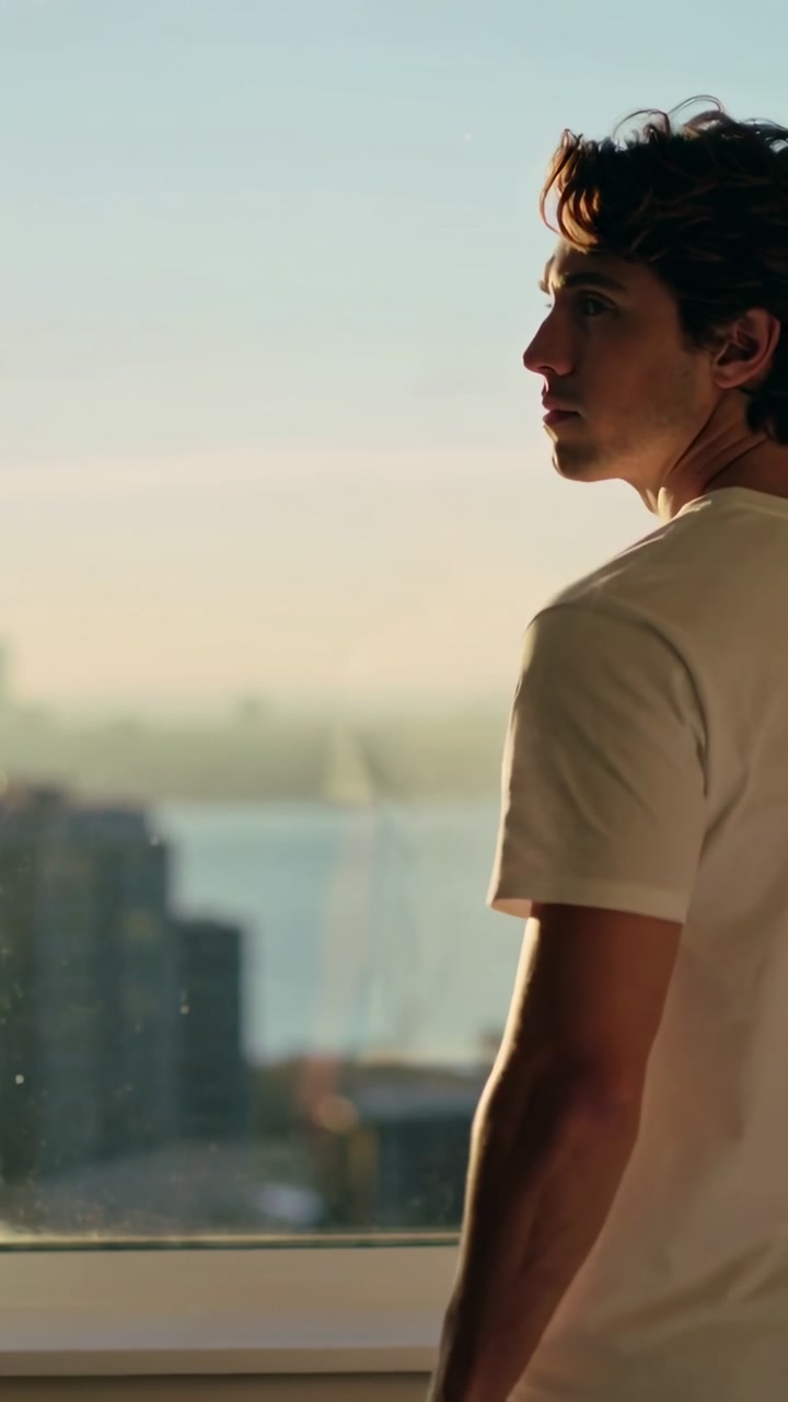 Vertical video: Reaching curtains, man in white tee letting light in hotel room, gazing at water