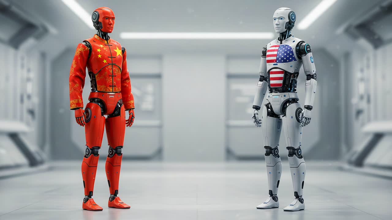 A striking comparison of two humanoid robots showcasing contrasting designs, one in vibrant red representing a cultural theme, while the other in white exhibits a different symbolic aesthetic