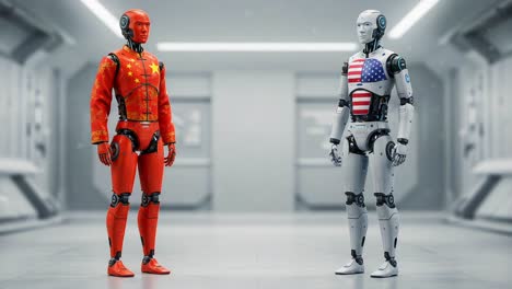a striking comparison of two humanoid robots showcasing contrasting designs, one in vibrant red representing a cultural theme, while the other in white exhibits a different symbolic aesthetic