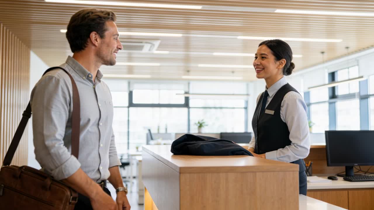 Walking to desk, guest offering jacket to attendant in vest and shaking hands while checking in