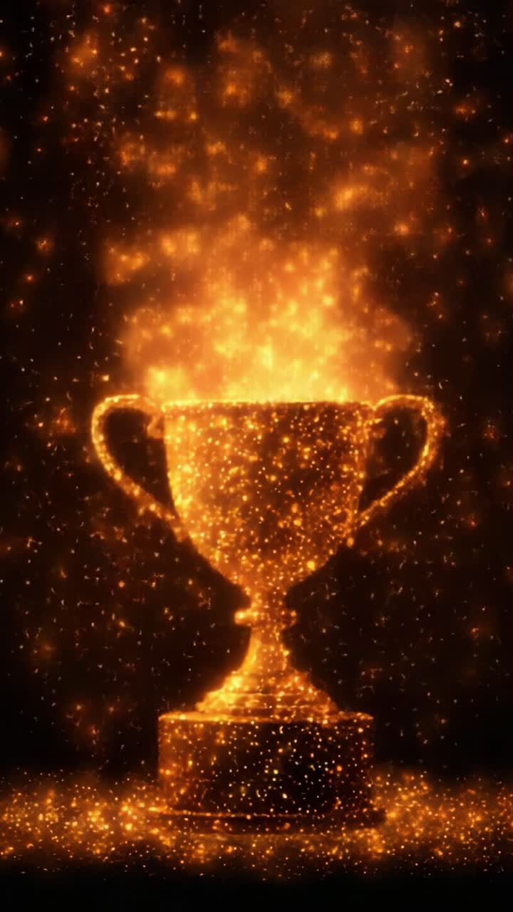 Un trofeo dorato scintillante che irradia scintille e luce su uno sfondo scuro, che celebra il raggiungimento e il successo in una splendida rappresentazione visiva