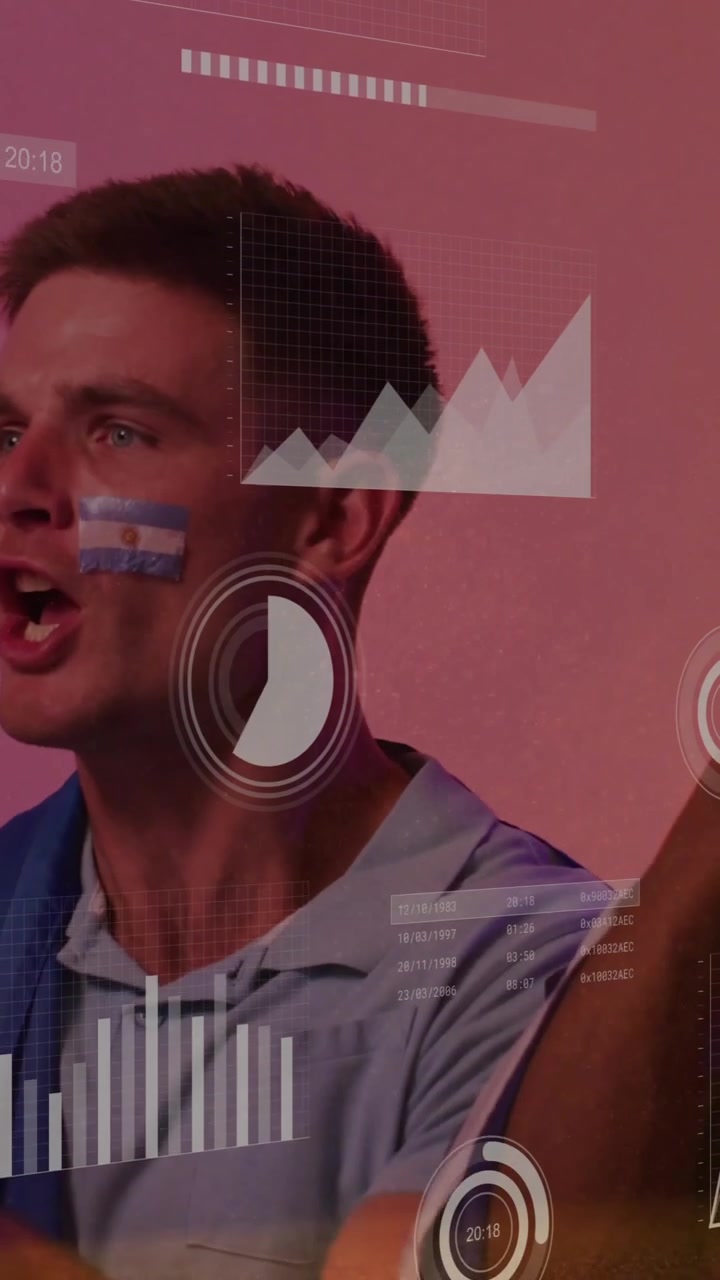 Animation of charts processing data over diverse male football fans with french flags on faces