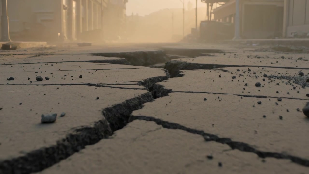 Telecamera a bassa angolazione che avanza, seguendo una fessura frastagliata lungo una strada polverosa, rivelando pietre e facciate.