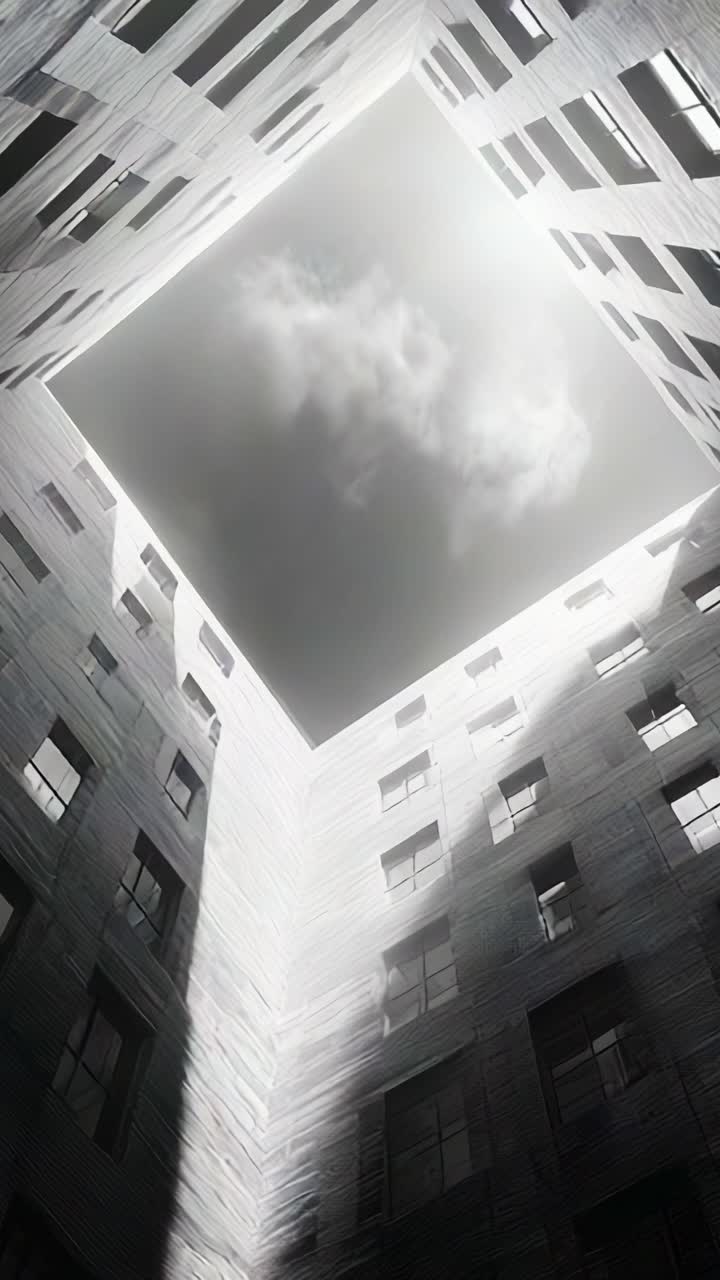 Una splendida prospettiva architettonica che cattura luci e ombre in un cortile moderno con una vista unica del cielo che incornicia le nuvole luminose sopra