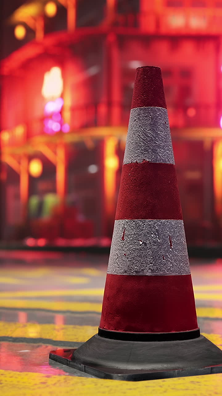 밤에 은 거리에서 빨간색과 색의 교통 콘